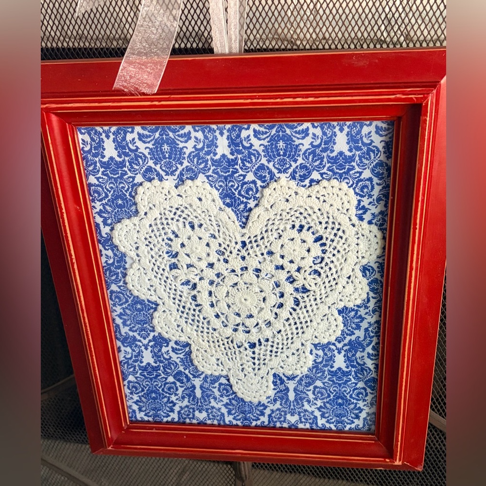 Vintage heart Crochet doily  framed red white blue one of a kind patriotic